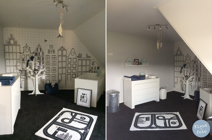 kinderbehang grachtenpandjes in kinderkamer van klant by Perron 11