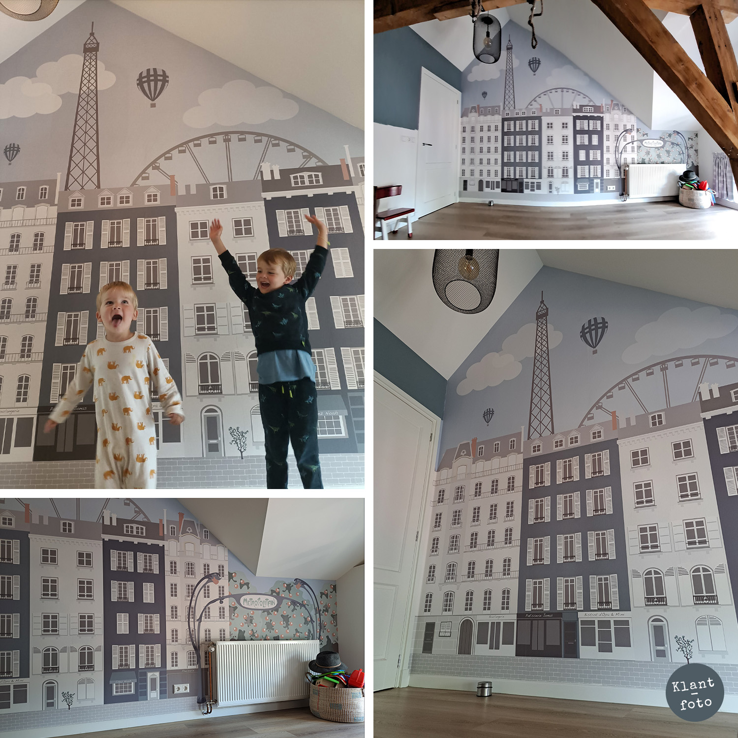 Kinderkamer van klant met behang Parijs in aangepaste kleur
