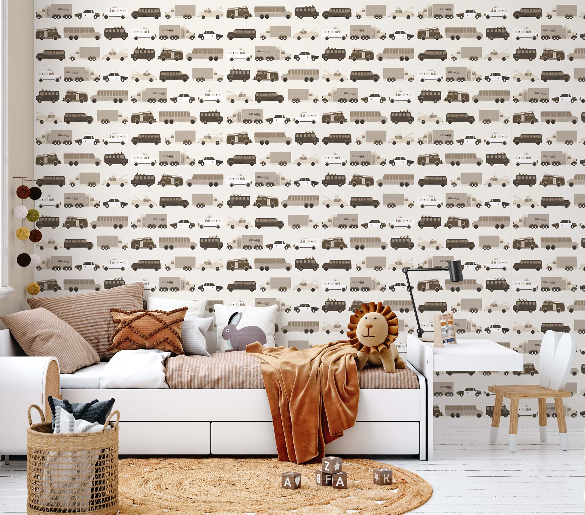 Behang voertuigen in beige in babykamer