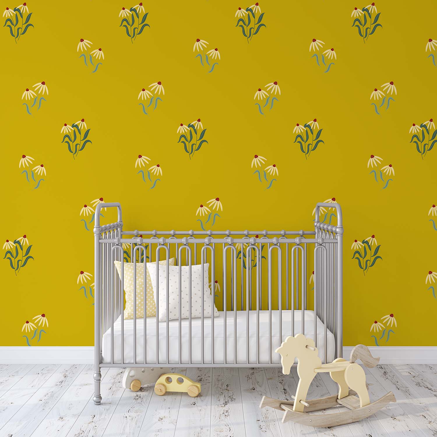 Vrolijk bloemenbehang in babykamer