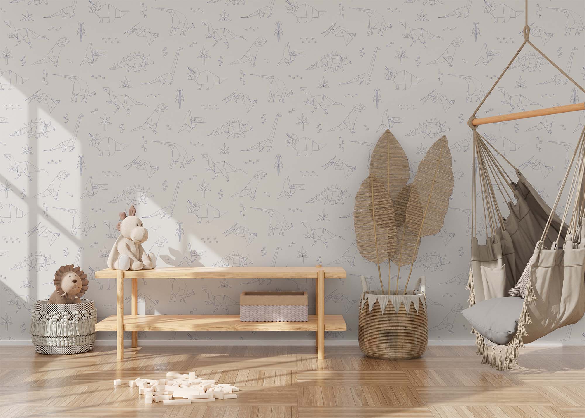 Tijdloos kinderbehang met dino's in origami stijl in kinderkamer
