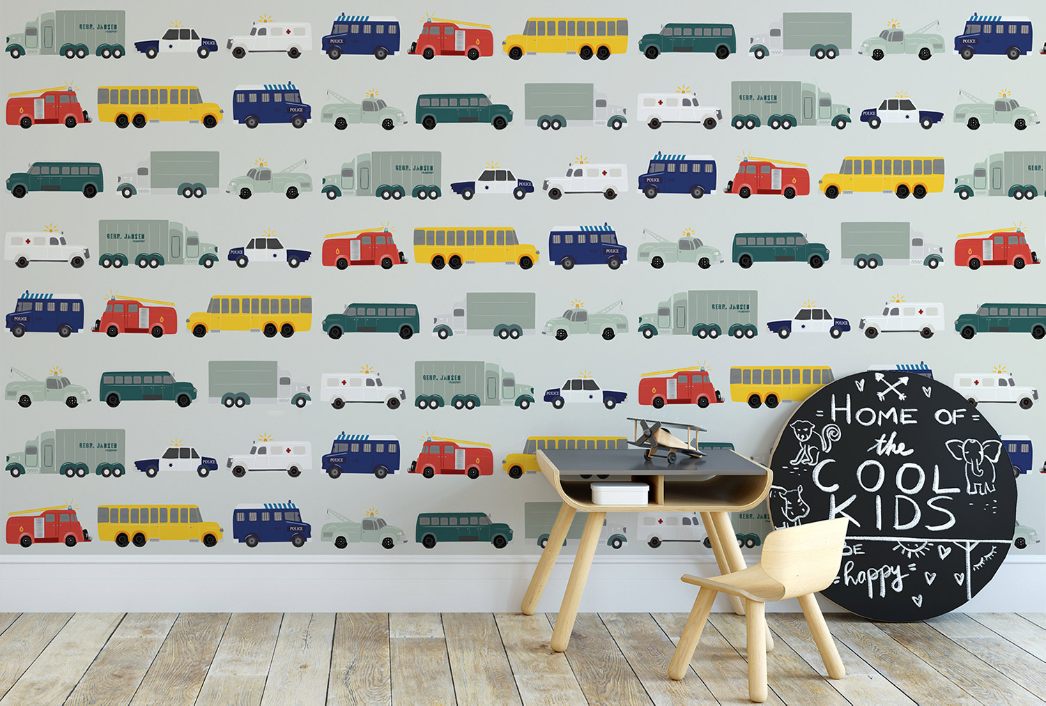 auto behang kinderkamer met voertuigen zoals ziekenwagens en brandweerauto's