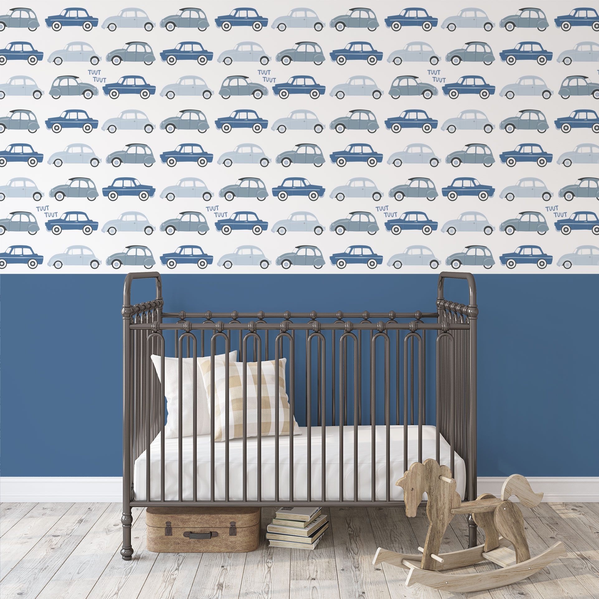 baby behang jongens met blauwe retro auto's in babykamer