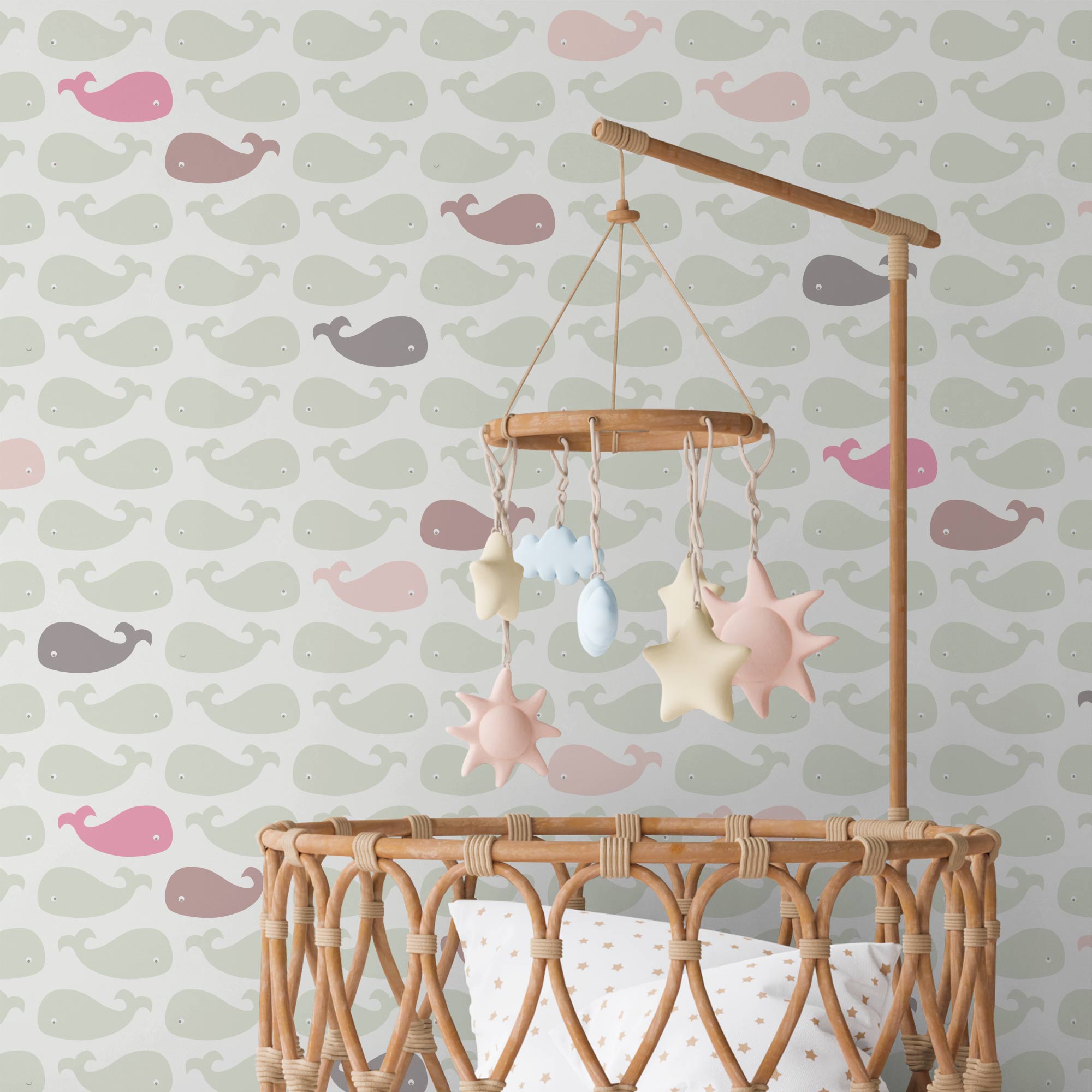 baby behang meisje met walvisjes in mintgroen en roze in babykamer