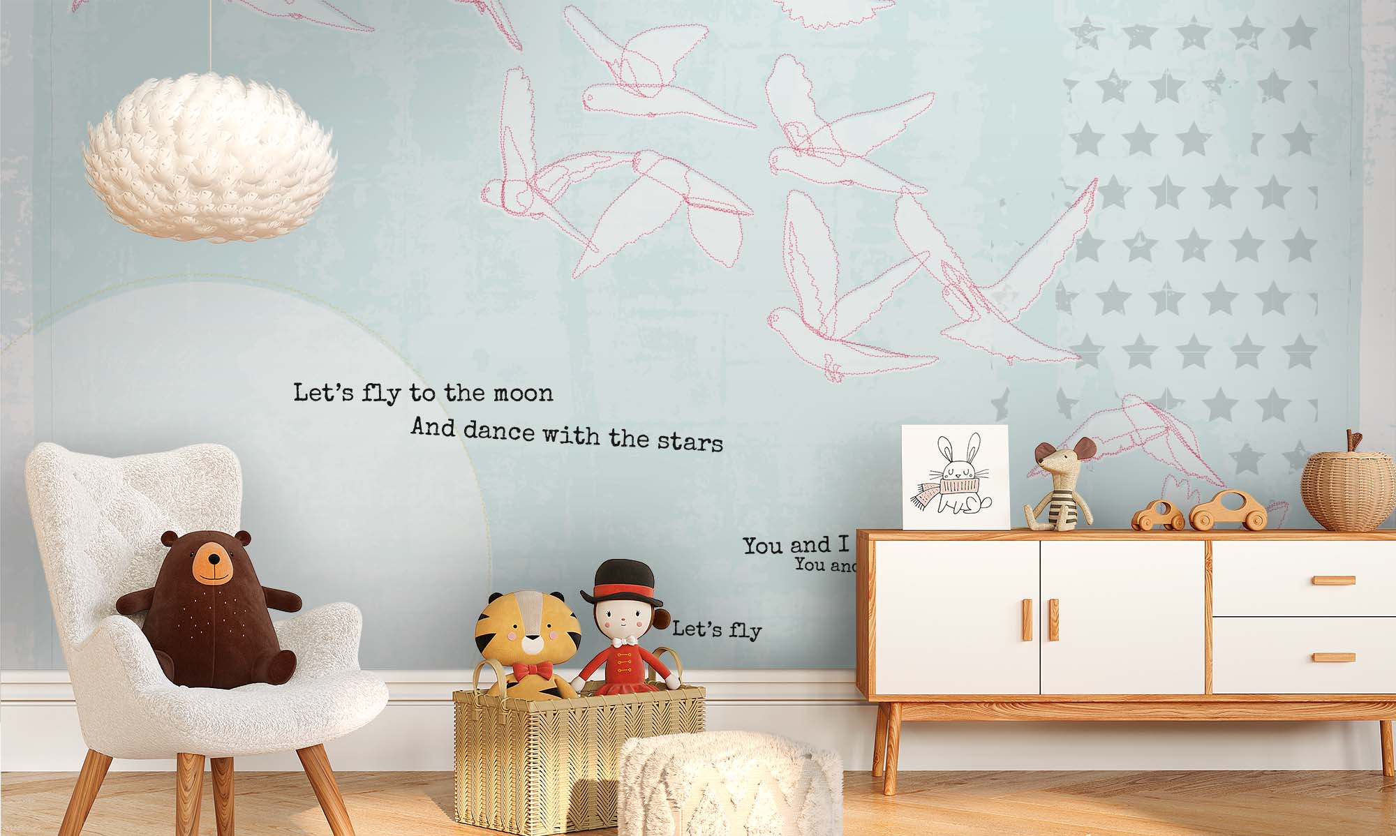 babybehang met vogels en maan in babykamer