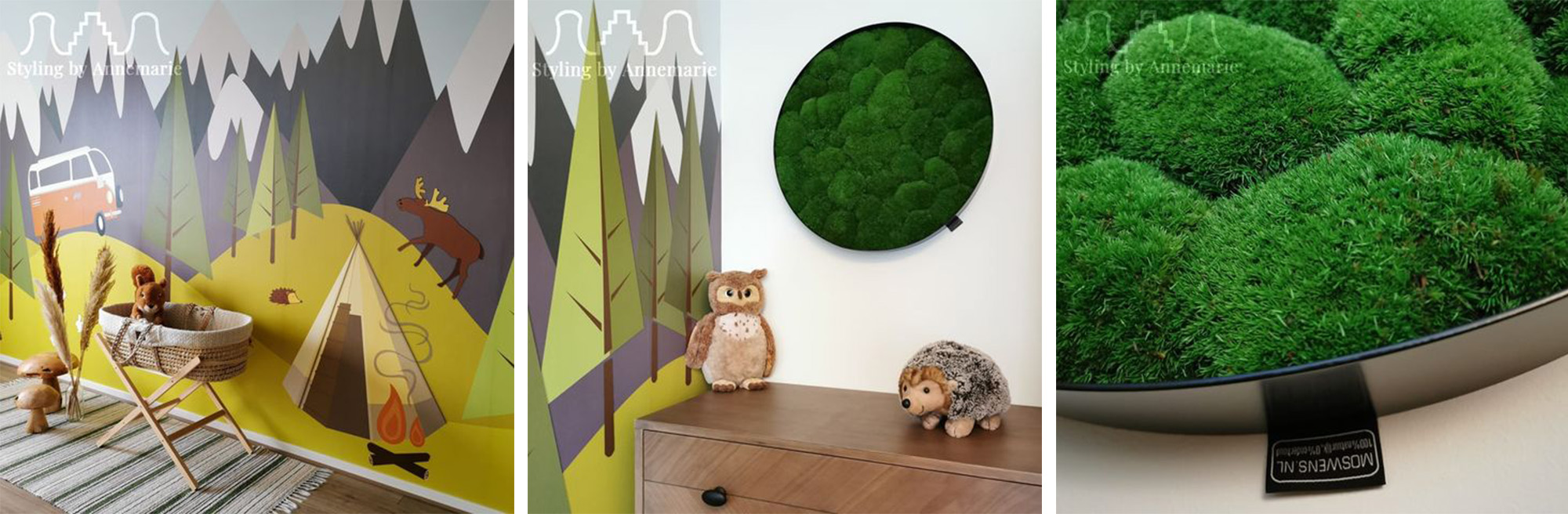 Babykamer van Styling by Annemarie met behang mural Het Kampeerbos met bergen en bos 