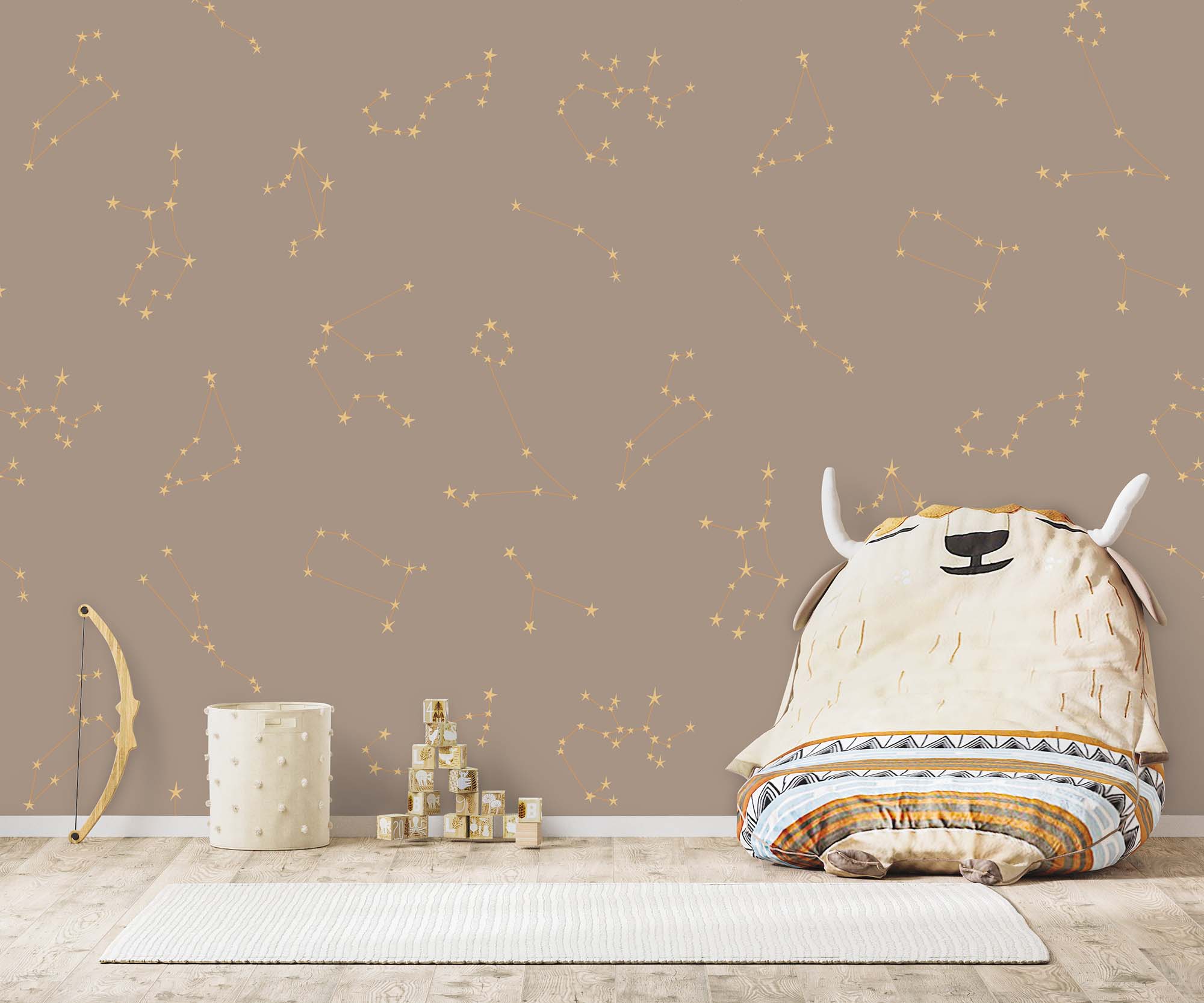 Behang met sterrenbeelden in kleur beige in kinderkamer