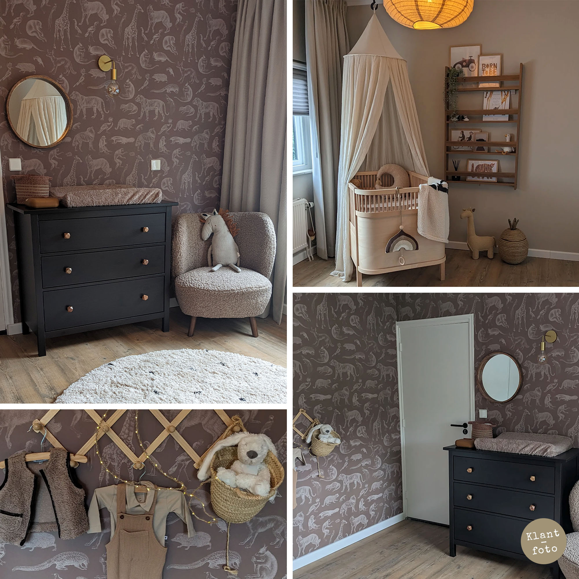 Babykamer met ons behang Wilde Dieren in bruin