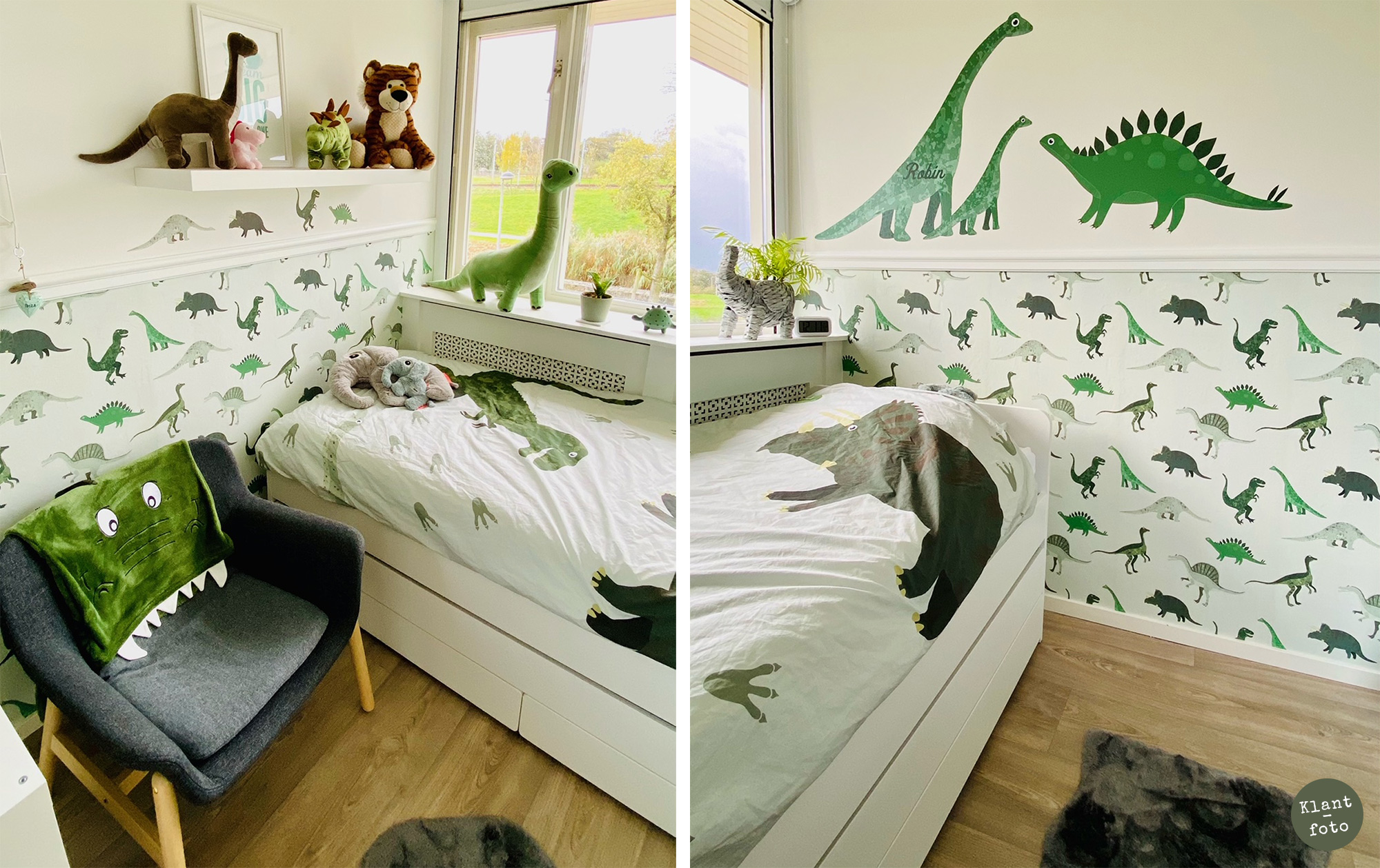 dinosaurus kinderkamer met lambrisering van dinobehang en dinomuurstickers