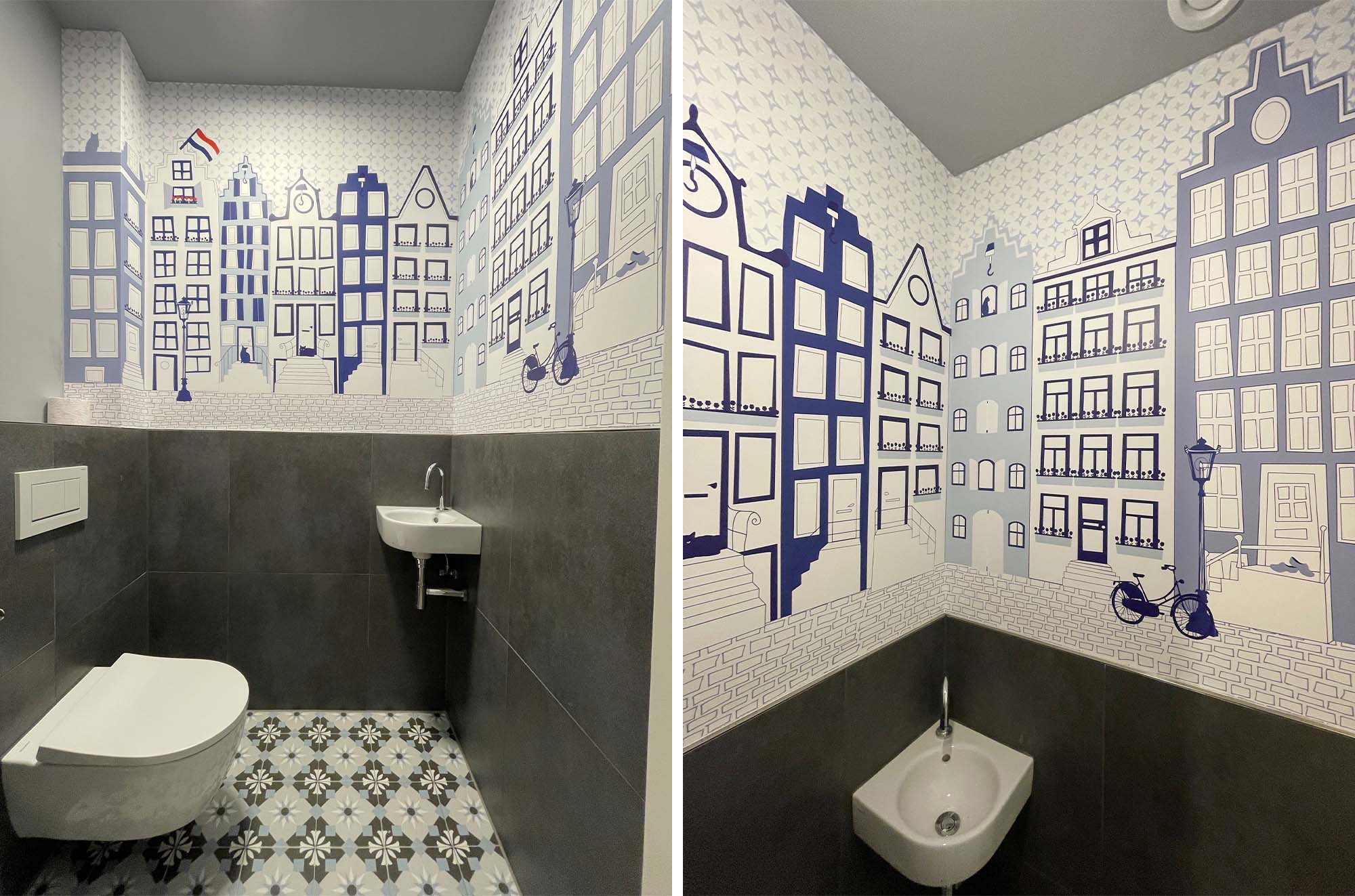 Grachtenpandjes behang van Perron 11 bij een klant op het toilet