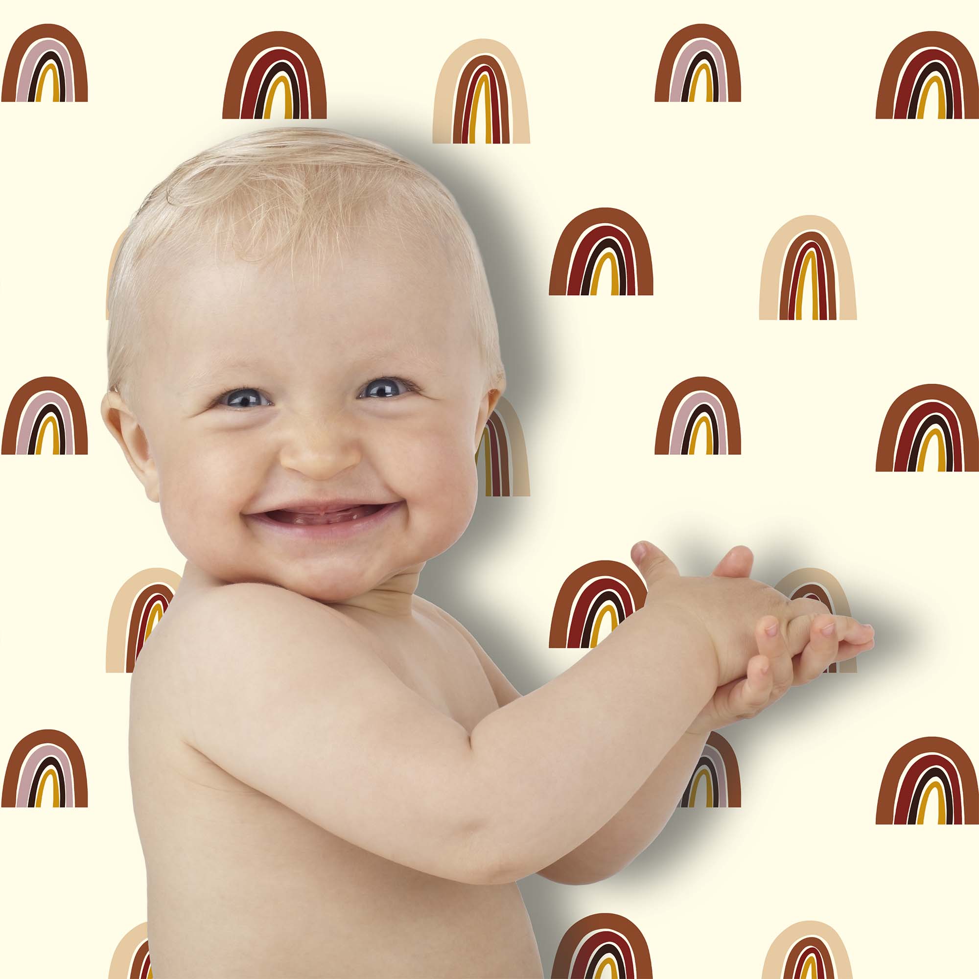 Baby behang neutraal met regenboogjes met baby