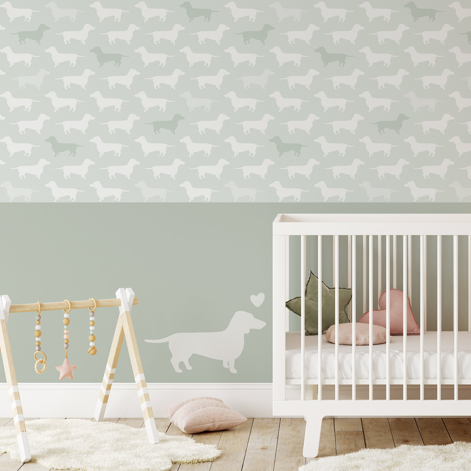 baby behang mintgroen met teckels in babykamer