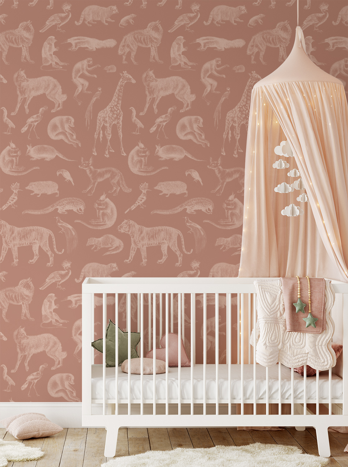 Wilde dieren babybehang in ton sur ton oud roze