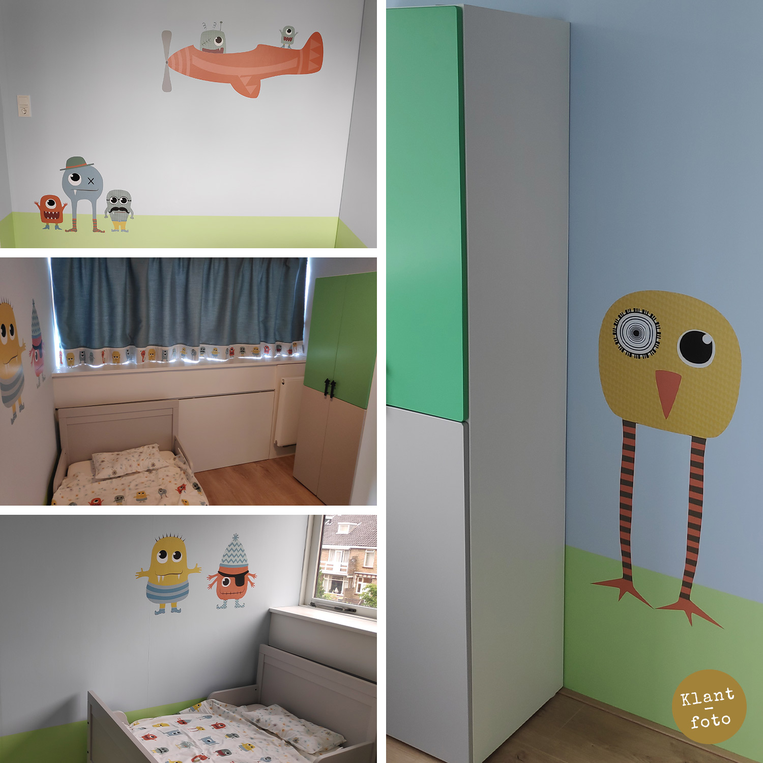 kinderkamer met monster muurstickers en monster dekbed en gordijn