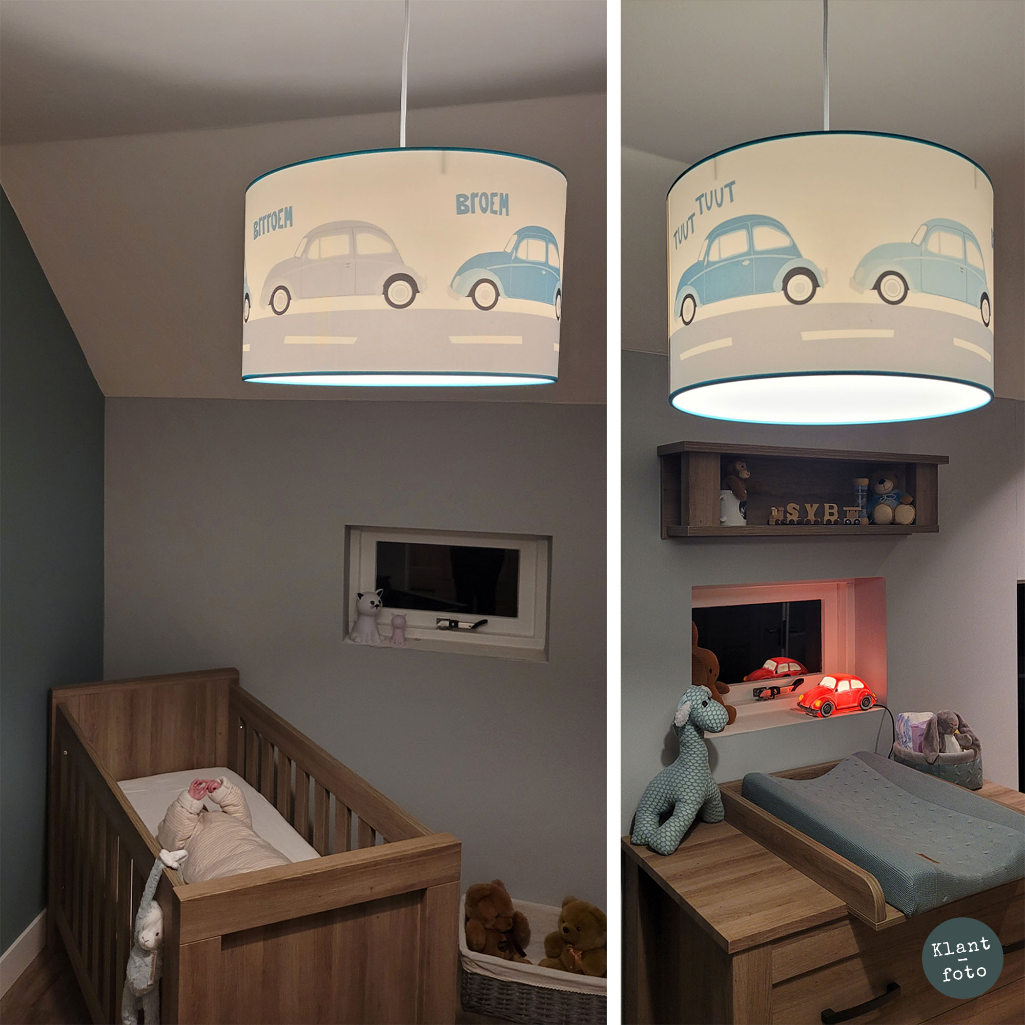 Babykamer met op maat gemaakte auto kinderlamp met kevers 