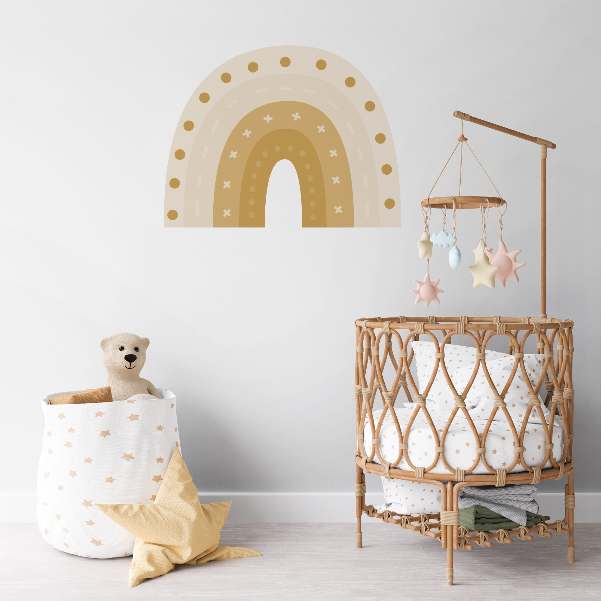 Babykamer met thema regenboog en muursticker regenboog van Perron 11