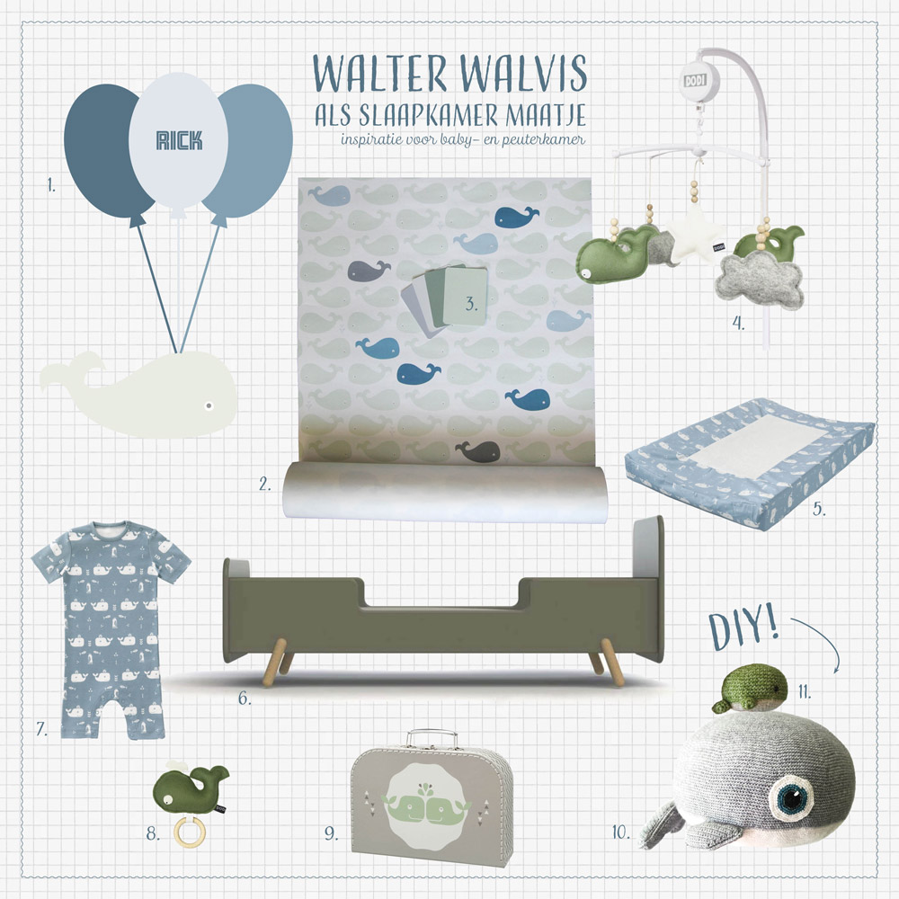 Moodboard walvis kinderkamerinspiratie met behang, muursticker en accessoires