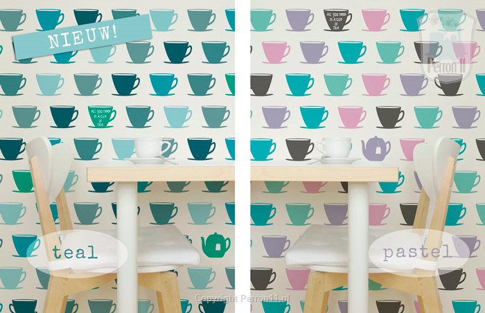 theekopjesbehang teal en pastel keuken