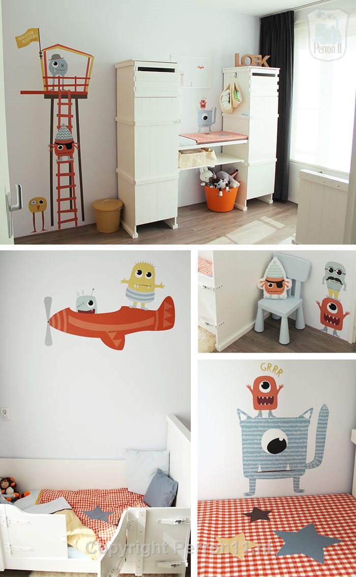 Collage van monsterkamer met muurstickers