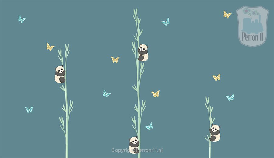muurstickers bamboe met panda op donkere wand denim drift