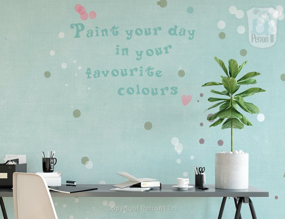 fotobehang turquoise met stippen in werkkamer