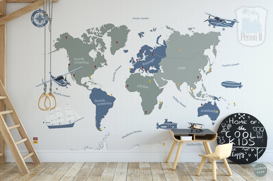Wallpaper world map in green and blue from Perron 11