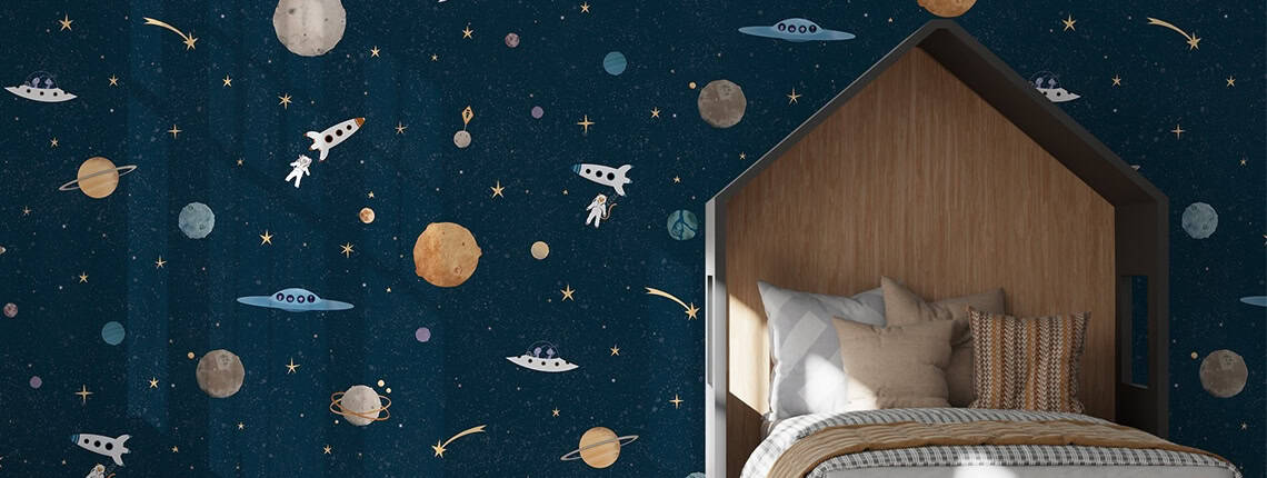 Ruimtevaart behang voor kinderkamer Behang, kinderbehang met ruimtevaart en planeten.