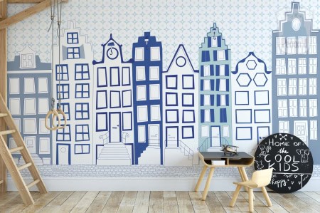 Behang, kinderbehang met stadsgezicht in blauw en wit.