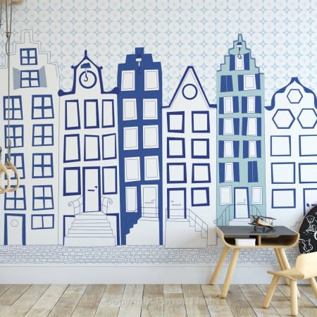 Behang, kinderbehang met stadsgezicht in blauw en wit.