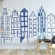 Behang, kinderbehang met stadsgezicht in blauw en wit.