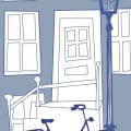 Behang, kinderbehang met stadsbeeld en fiets.