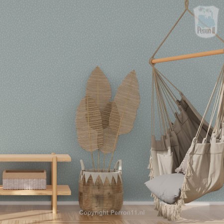Behang, kinderbehang met subtiele blauwe achtergrond en natuurlijke decoratie.