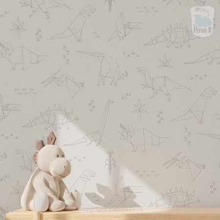 Behang met dinosaurus en origami-achtige tekeningen, kinderbehang.