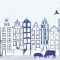 Behang, kinderbehang met stadssilhouet en dieren.