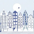 Behang met stadselementen, kinderbehang, blauw en wit.