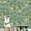 Behang met kleurrijke vogels en bloemen, kinderbehang.