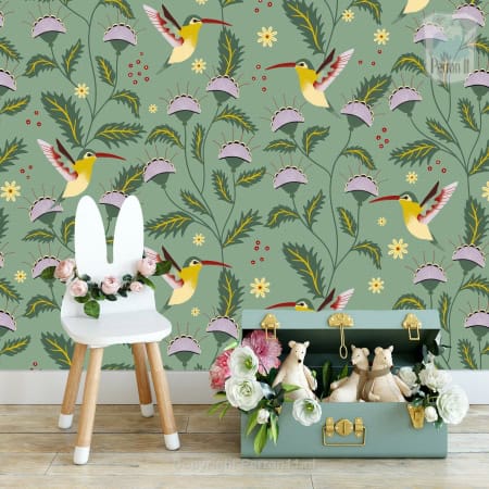 Behang, kinderbehang met vogels en bloemen.