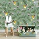 Behang, kinderbehang met vogels en bloemen.