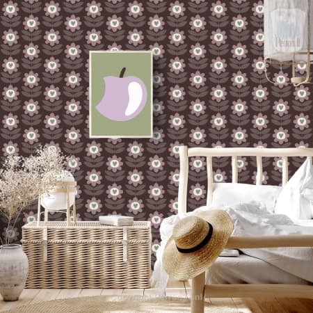 Behang, kinderbehang met bloemen en fruitmotief, pastelkleuren.