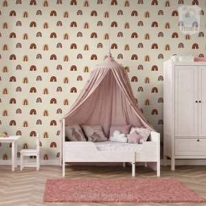 Behang met regenbogen voor kinderbehang, roze en beige tinten.