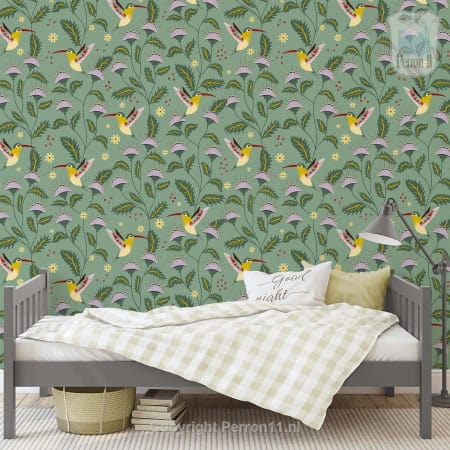 Behang, kinderbehang met vogels en bloemen voor kinderkamer.