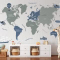 Behang met wereldkaart en dieren, kinderbehang.