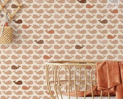 Behang met walvissen, kinderbehang, neutrale kleuren.