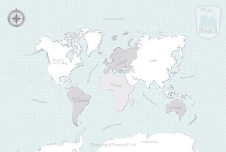 Behang met wereldkaart, kinderbehang, grijs en blauw tinten.