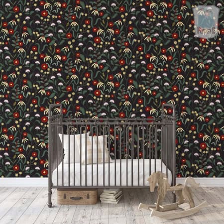 Behang, kinderbehang met bloemen en planten voor kinderkamer.