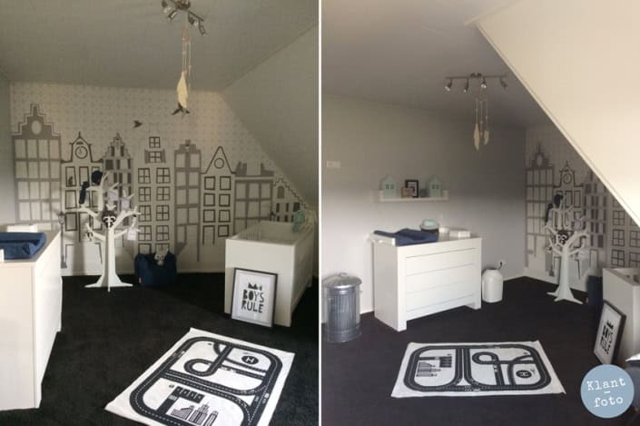 Kinderkamer met zwart-wit muurdecoratie Behang, kinderbehang met stad en auto motief voor kinderkamer.