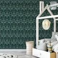 Behang, kinderbehang met blauw en goud patroon.
