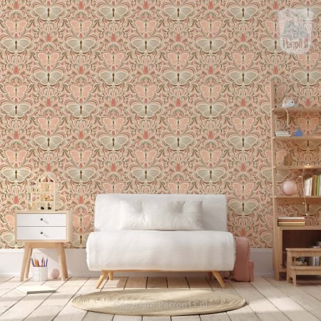 Behang, kinderbehang met bloemmotief in pastelkleuren.