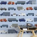 Behang met kinderbehang voertuigen en politieauto's.