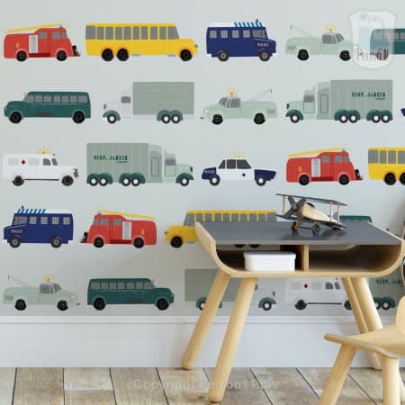 Behang met kinderauto's en voertuigen, behang, kinderbehang.
